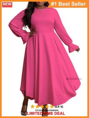 Plus Size Maxi Dress Long Sleeve Bishop Sleeve A-Line with Pockets